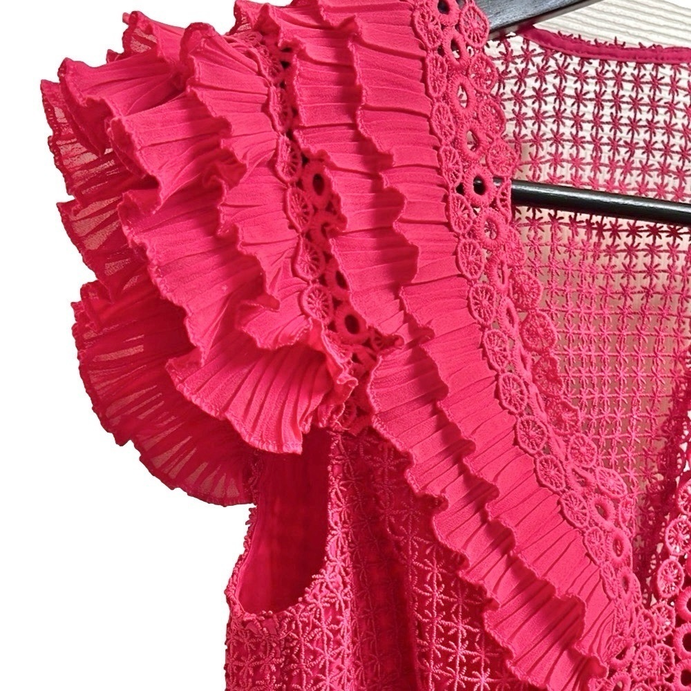 SAYLOR Pink Eyelet Ruffle Peplum Blouse Flutter Sleeve Boho Romantic Statement - Picture 5 of 16